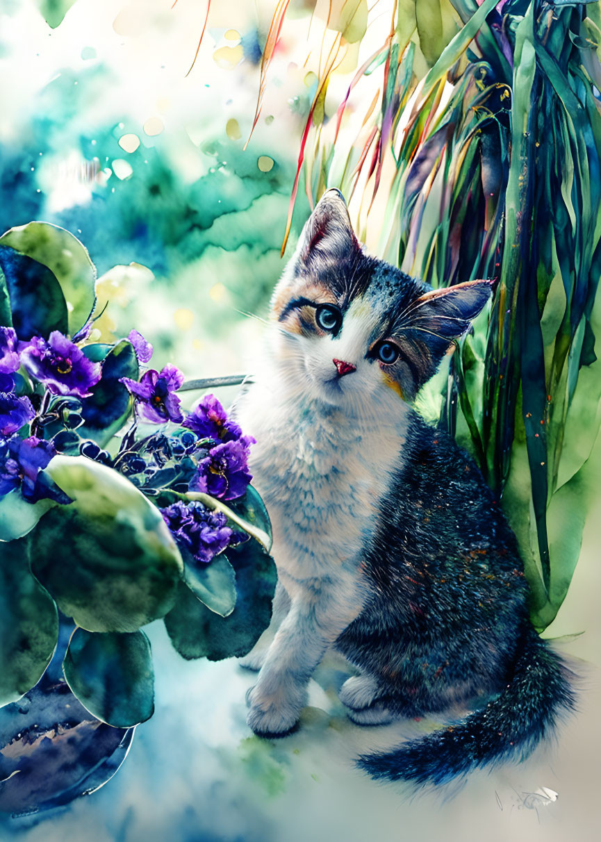 Calico kitten with purple flowers in whimsical backdrop