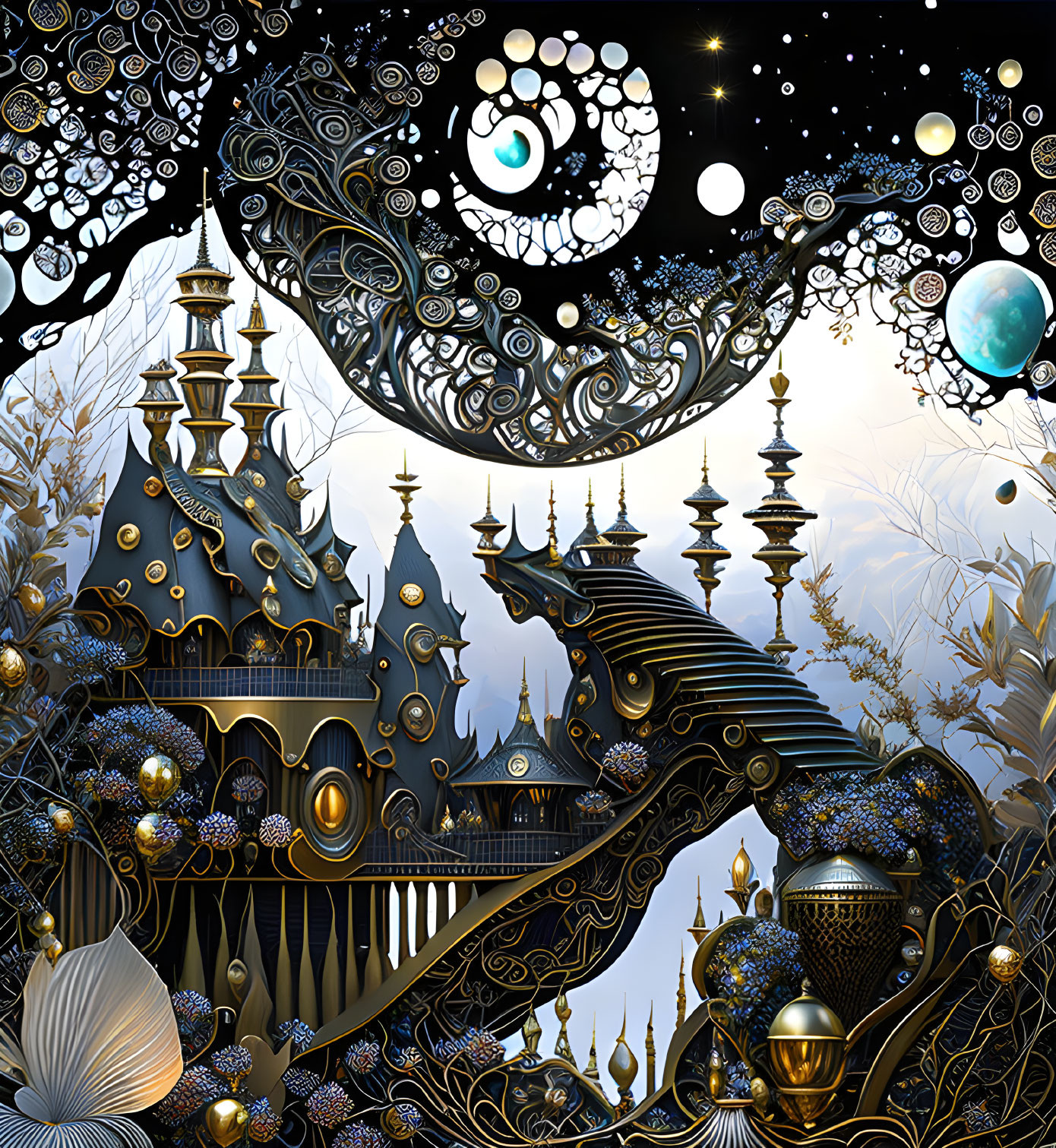 Intricate Fantasy Castle Illustration with Celestial & Floral Motifs