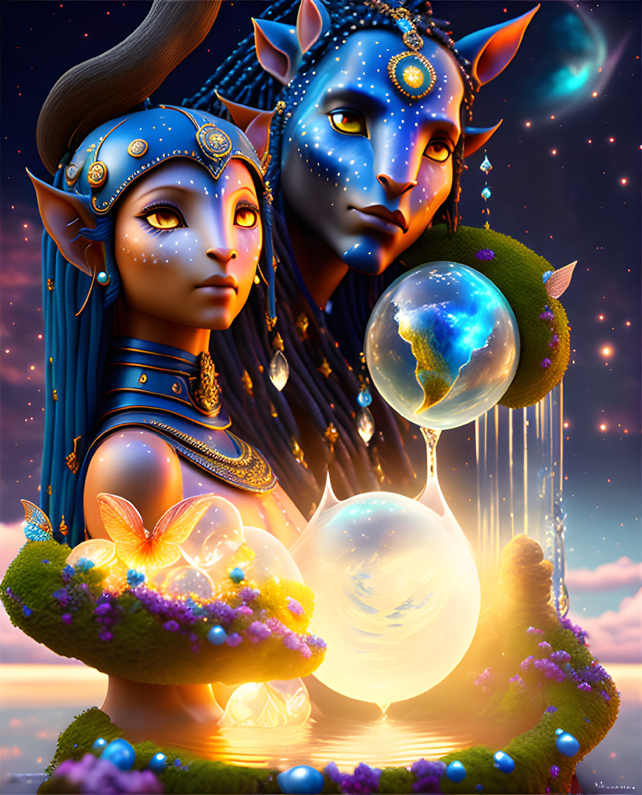 Blue-skinned fantasy characters with cosmic motifs among orbs, planets, and vibrant flora at twilight