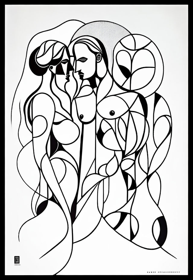 Monochrome abstract line art of intertwined embracing couple