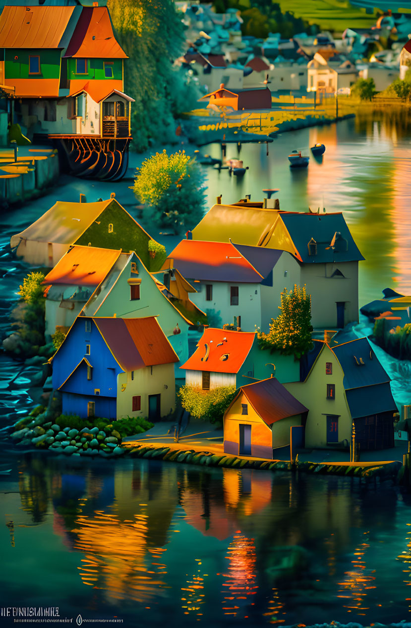 Tranquil riverside village at dusk with colorful houses and calm water.