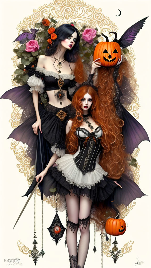 Gothic women in Halloween-themed attire with bats, roses, and jack-o'-lanterns