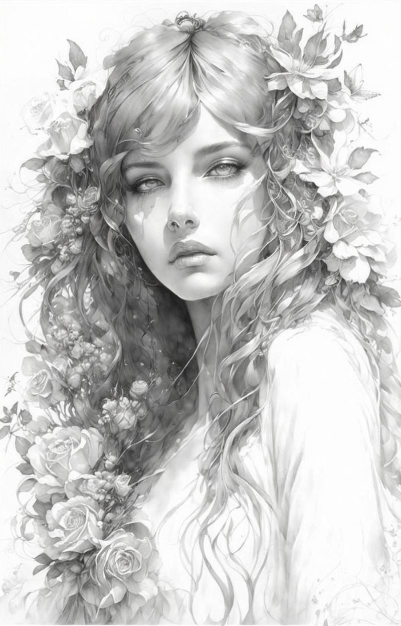 Monochrome illustration of a woman with flowing floral hair