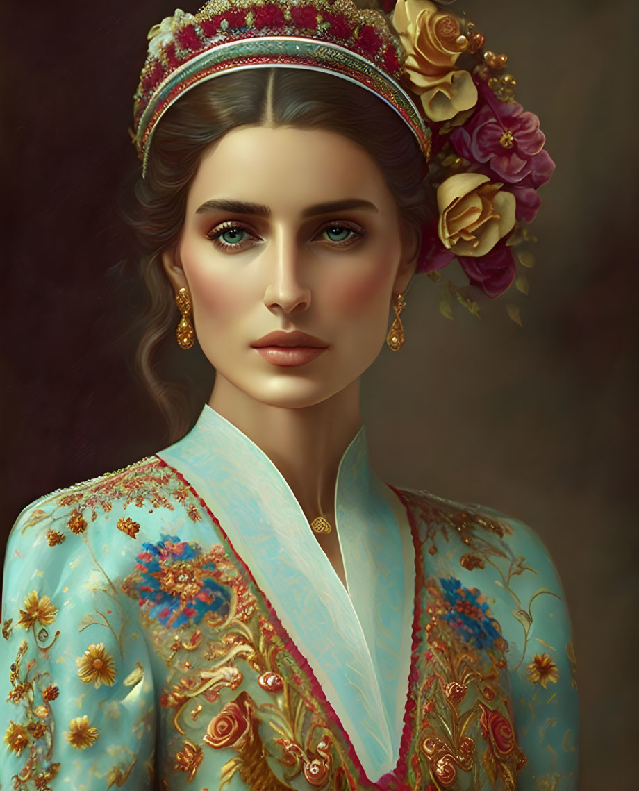 Portrait of woman with green eyes in blue and gold embroidered garment and flower crown