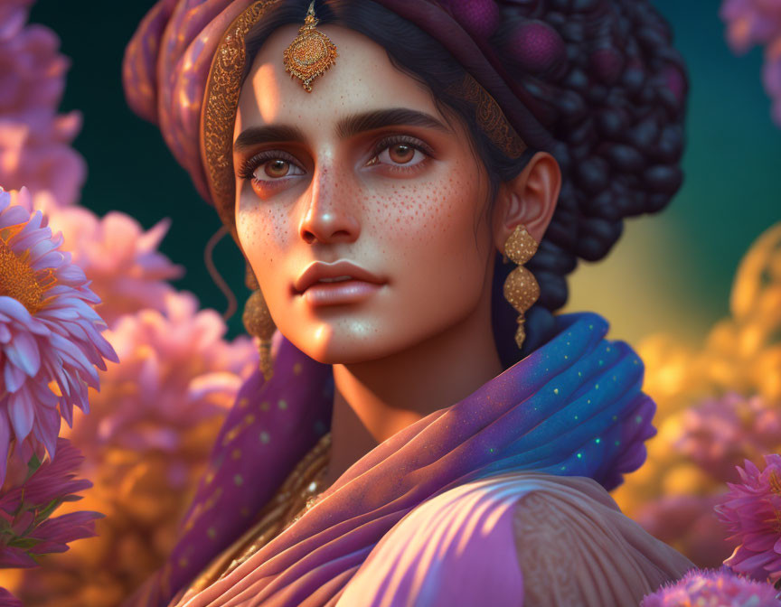 Vibrant digital portrait of woman in purple traditional attire