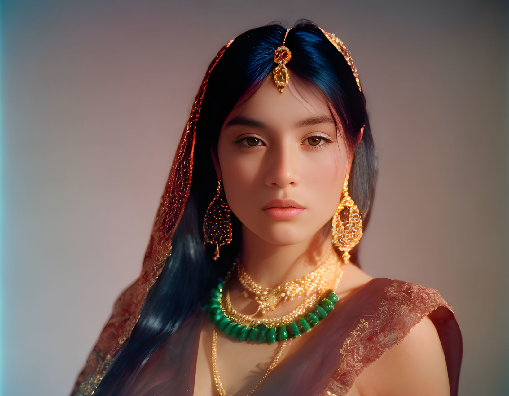 Portrait of woman with blue-tinted hair and South Asian jewelry on neutral background