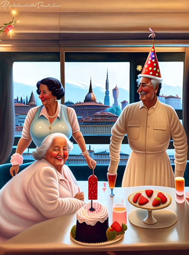 Elderly people celebrating indoors with cake and city view