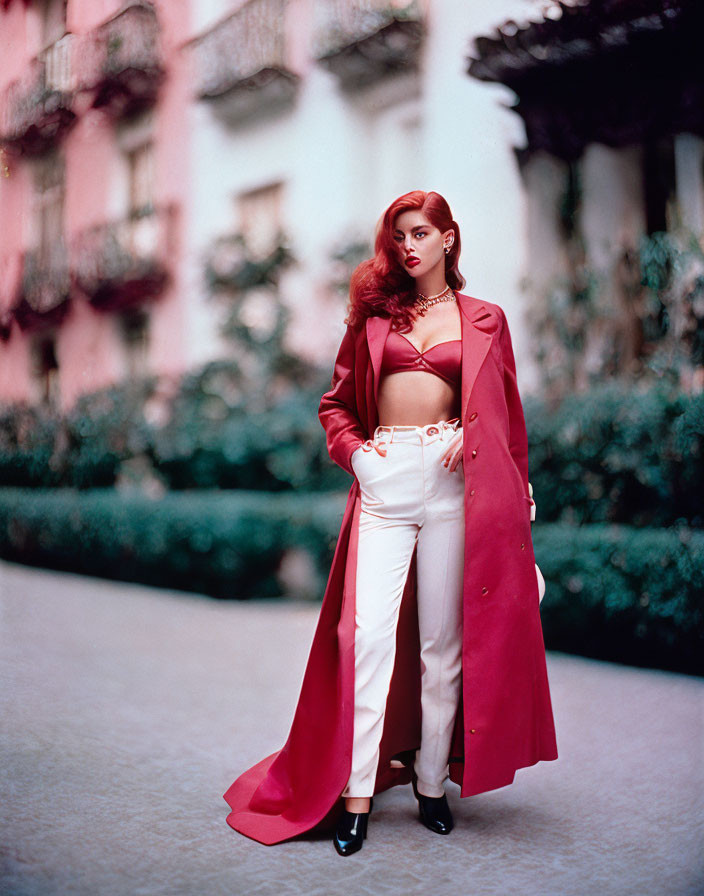 Red-Haired Woman in Burgundy Coat and White Trousers Poses Against Pink Building