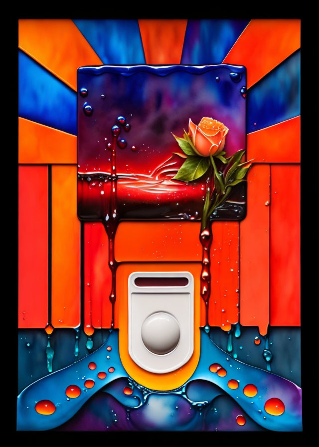 Colorful melting square with rose on red and blue backdrop, circular button in blue liquid effect