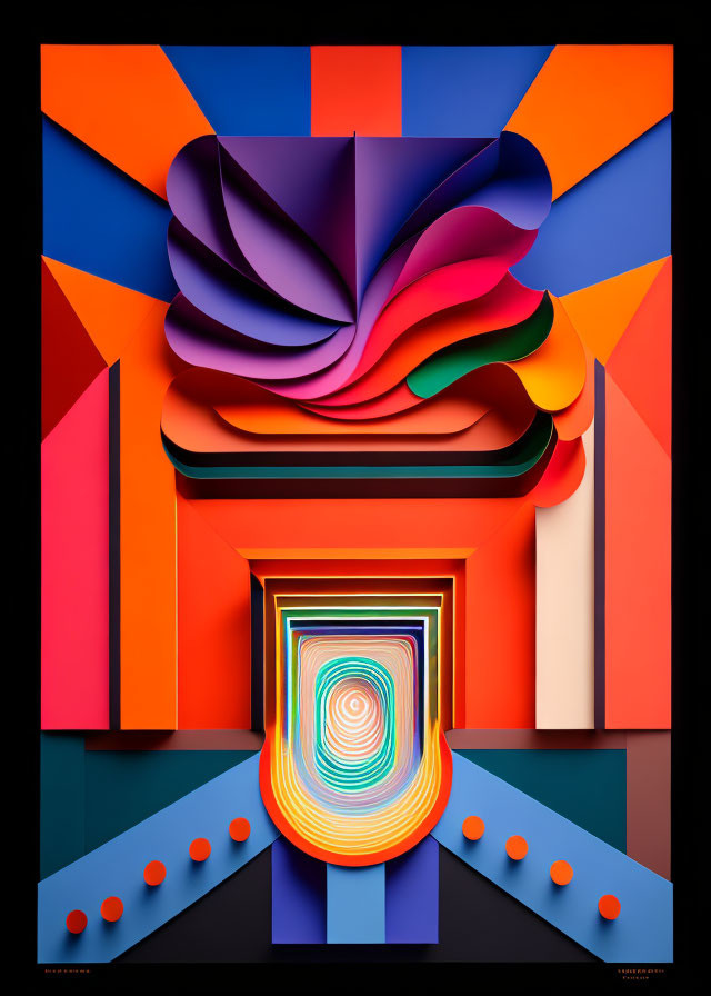 Colorful Symmetrical Abstract Paper Art with Swirling Central Pattern