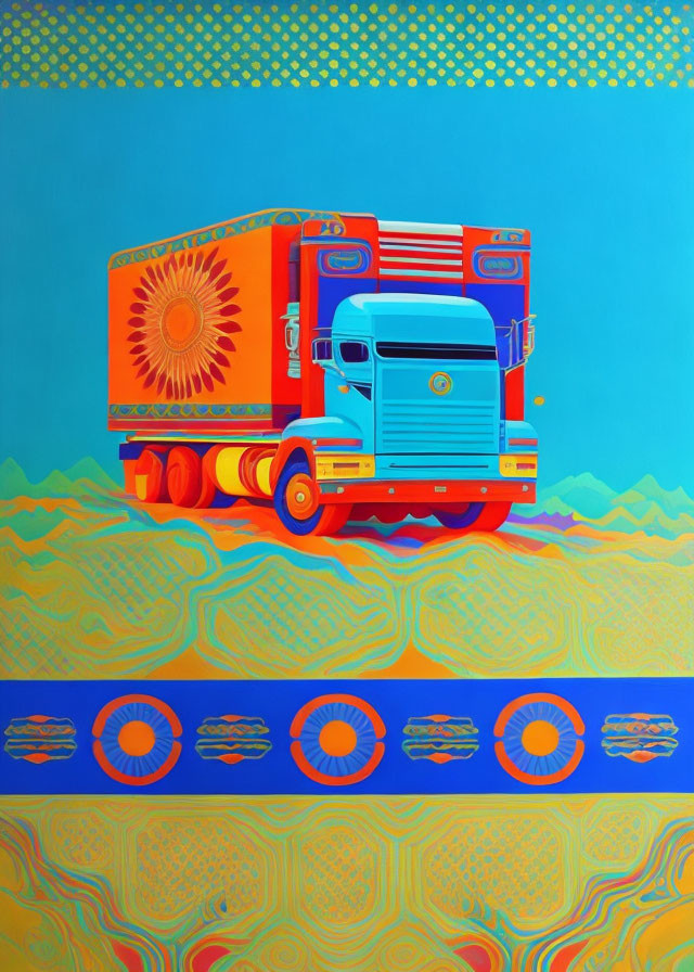 Colorful Semi-Truck Painting on Bright Abstract Background