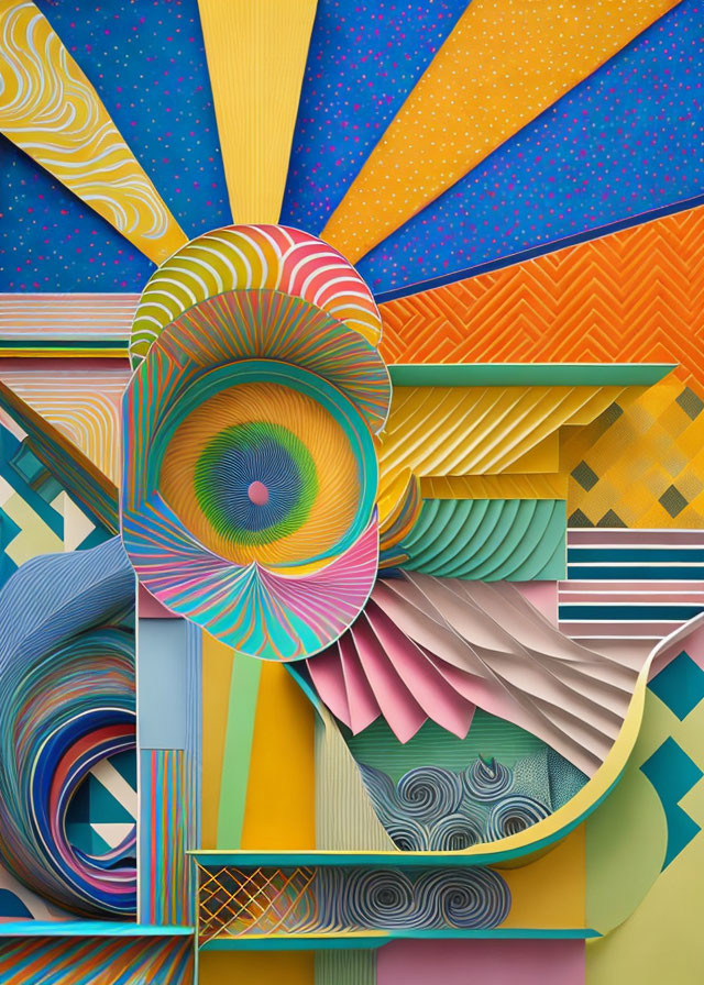 Colorful Abstract Artwork with Spirals, Stripes, and Geometric Designs