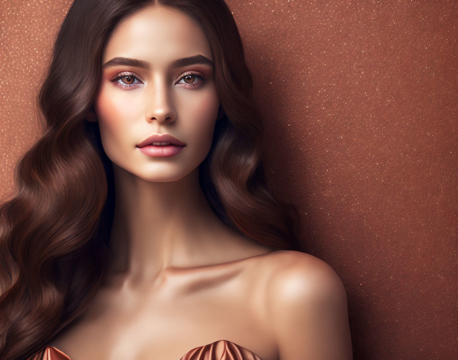 Brown-haired woman with flawless makeup and clear skin on textured background