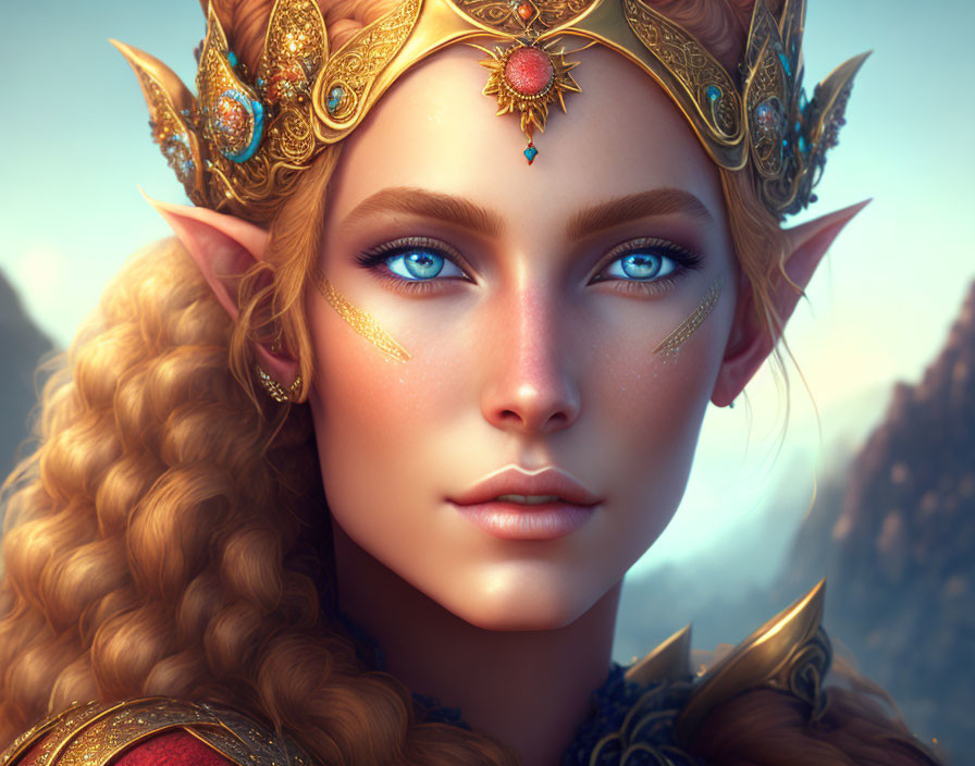 Fantasy digital artwork of female character with pointed ears, golden crown, blue eyes, and blonde hair