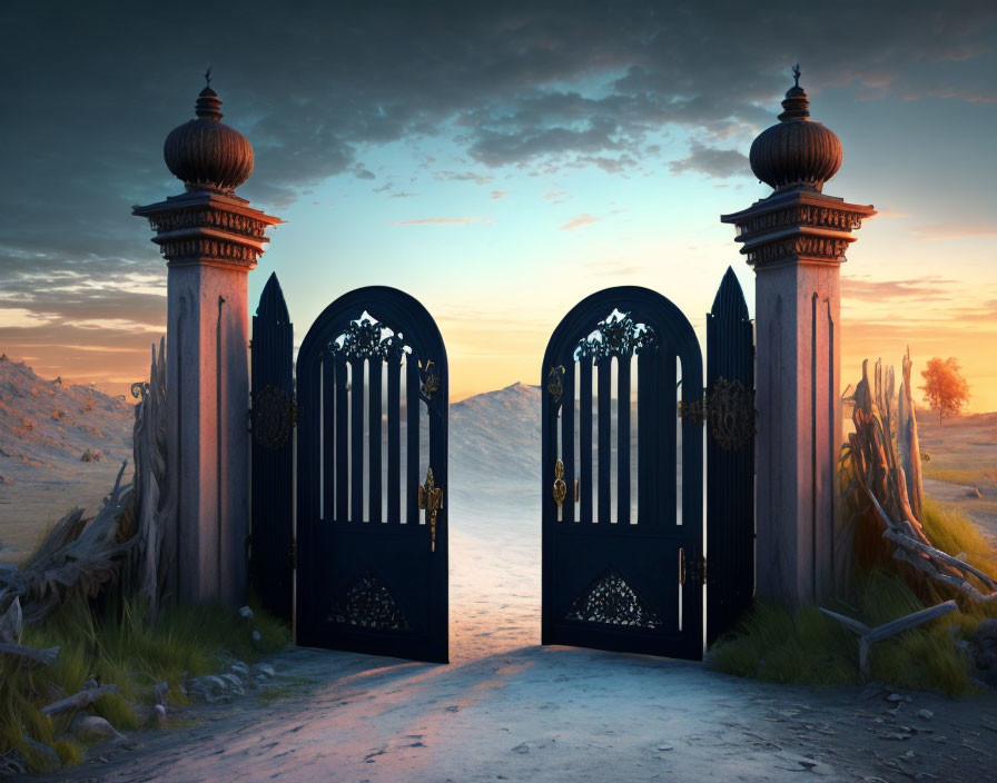 Ornate Gates Overlooking Desert Landscape at Sunset