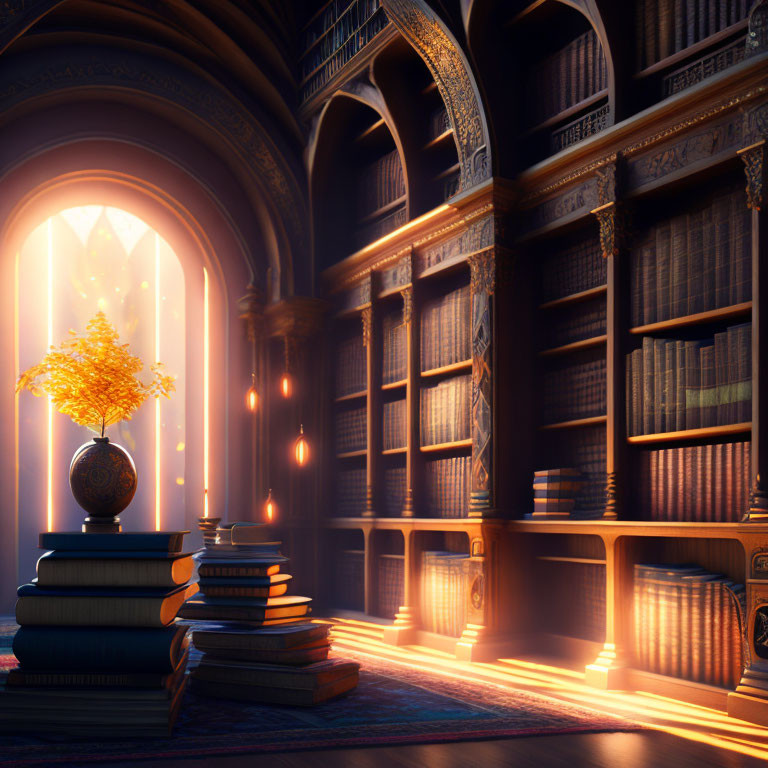 Enchanting library scene with glowing tree, floating orbs, and tall bookshelves