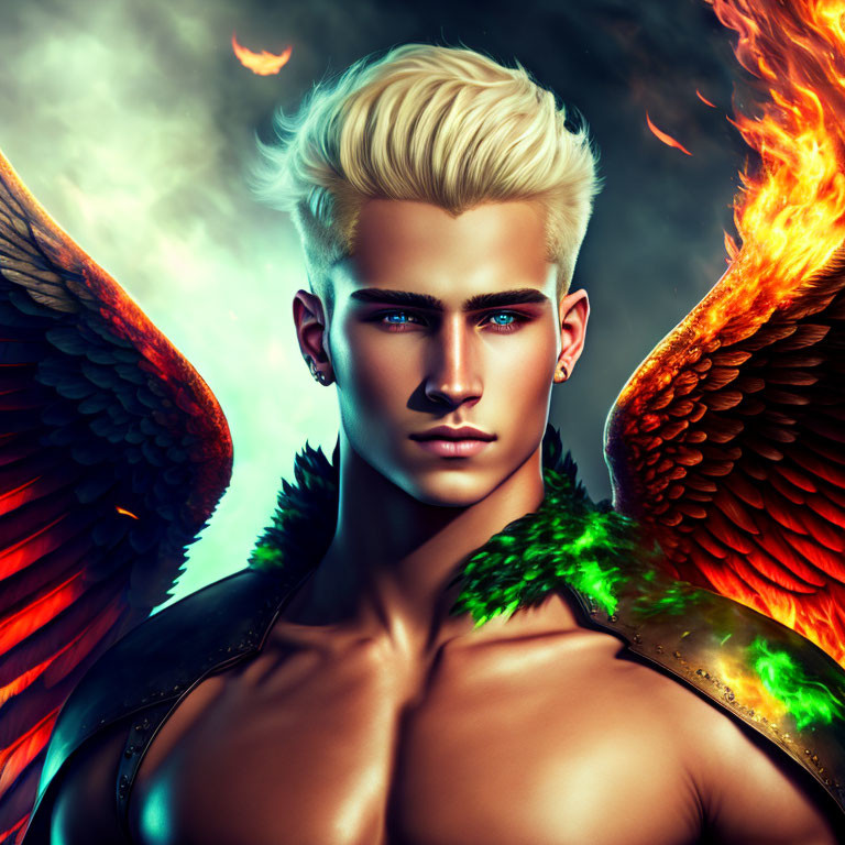 Digital illustration: Person with blue eyes, blonde hair, fiery wings, warm & cool colors