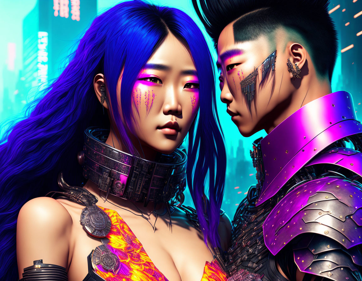 Futuristic individuals in cyberpunk attire against neon cityscape