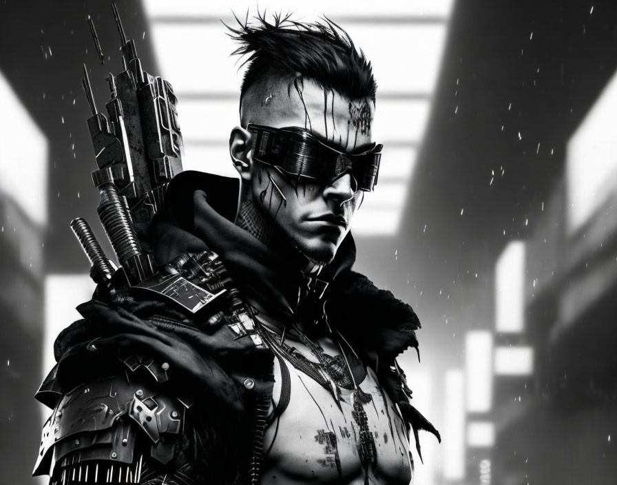 Cyberpunk-themed character with mohawk and futuristic armor in rain and stark lighting