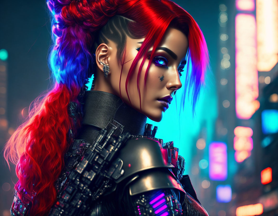 Digital artwork of woman with vibrant red and blue hair in futuristic cityscape