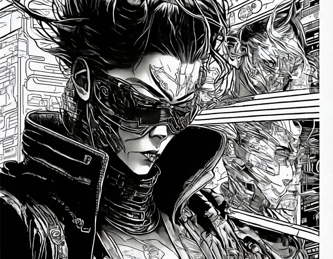 Detailed Black and White Manga Illustration with Futuristic Glasses and Cyberpunk Background