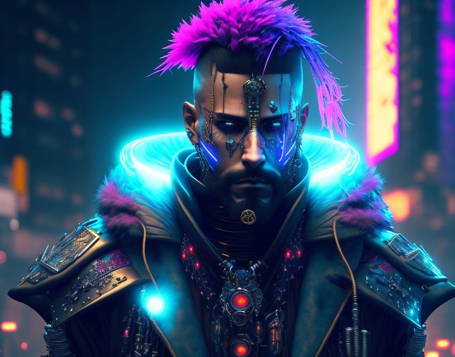 Futuristic male figure with neon cybernetic enhancements in cityscape