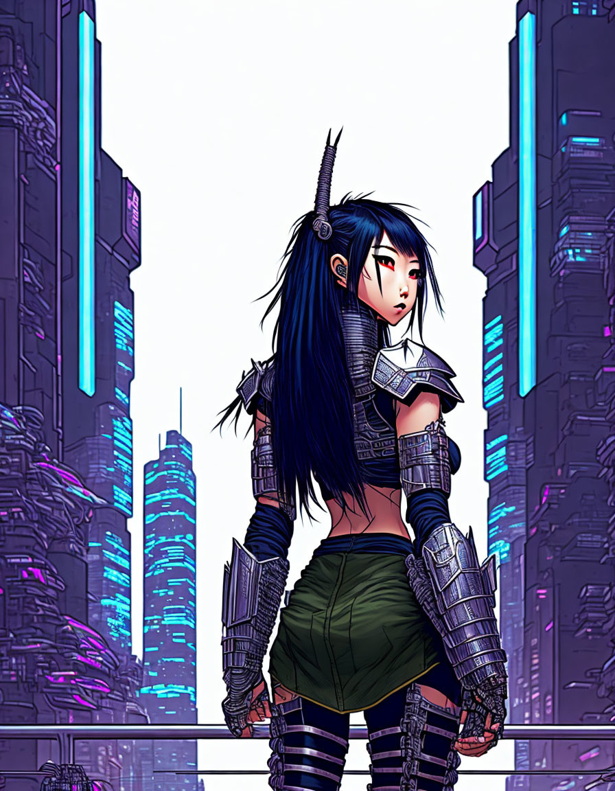 Blue-haired cyberpunk female in futuristic armor with horn accessory in neon-lit cityscape