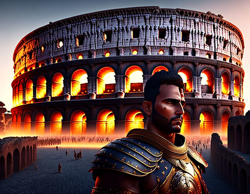 Ancient Roman warrior in ornate armor at Colosseum dusk scene