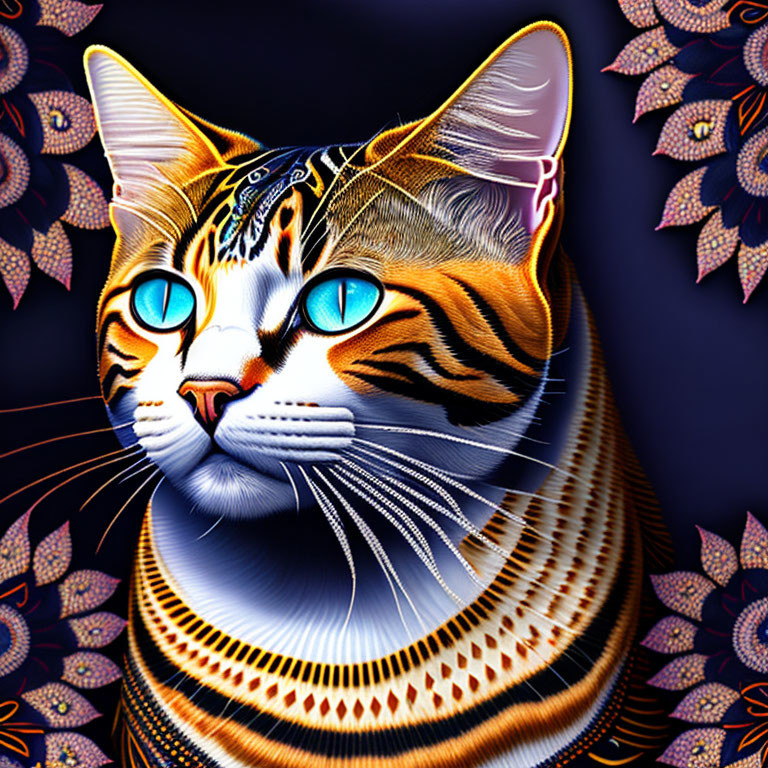 Tabby Cat Digital Art: Striking Blue Eyes & Floral Patterns