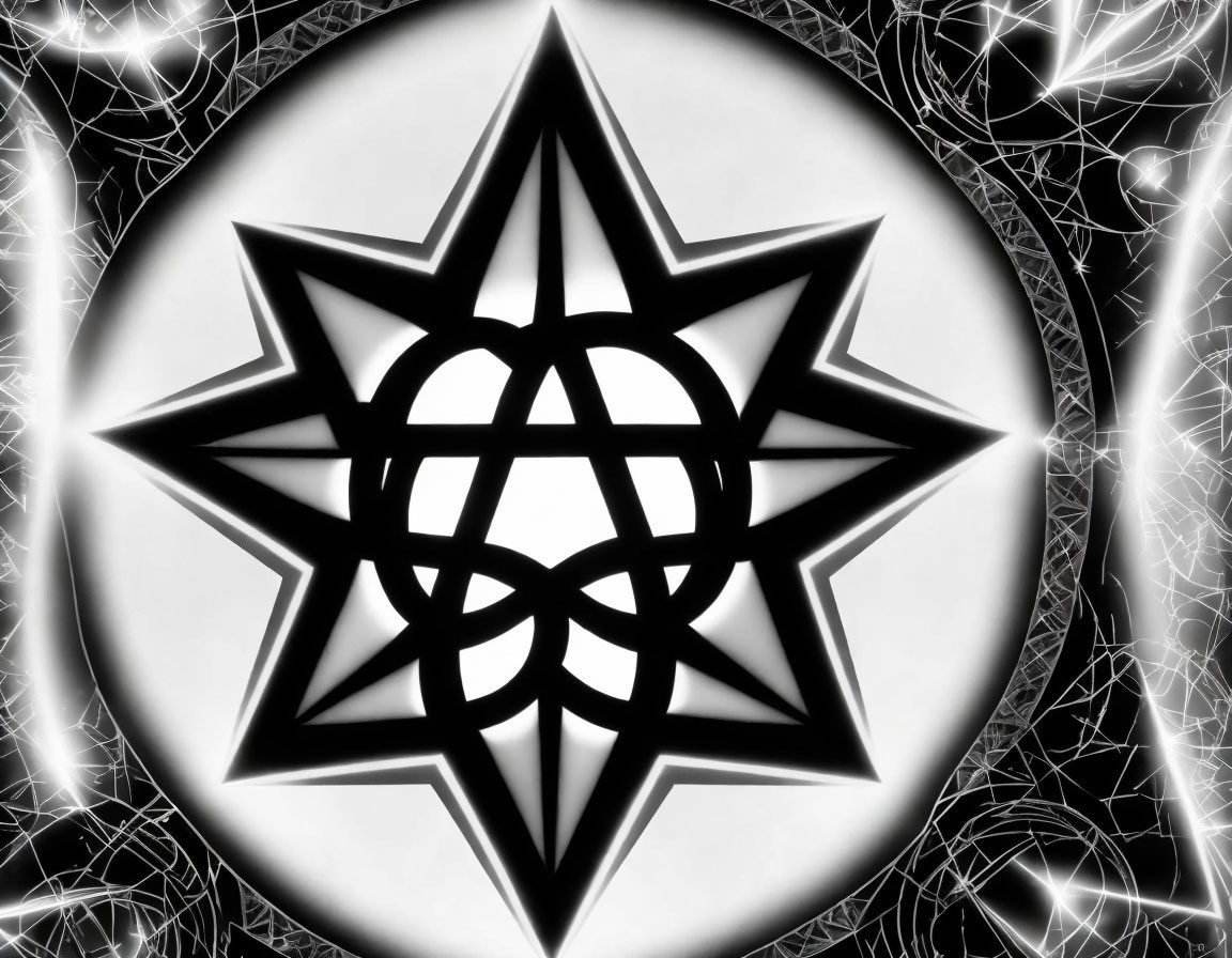 Monochrome image of intricate eight-pointed star on circular backdrop surrounded by web-like patterns