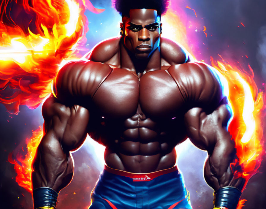 Muscular man with blue eyes and fiery background symbolizing strength.