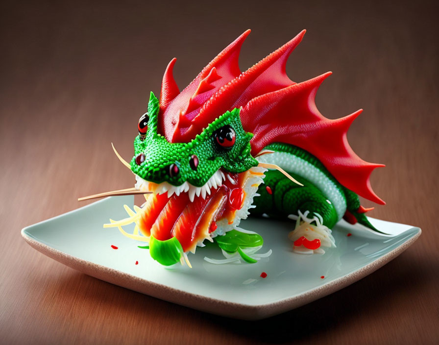 Dragon-shaped food sculpture with green and red components on rectangular plate