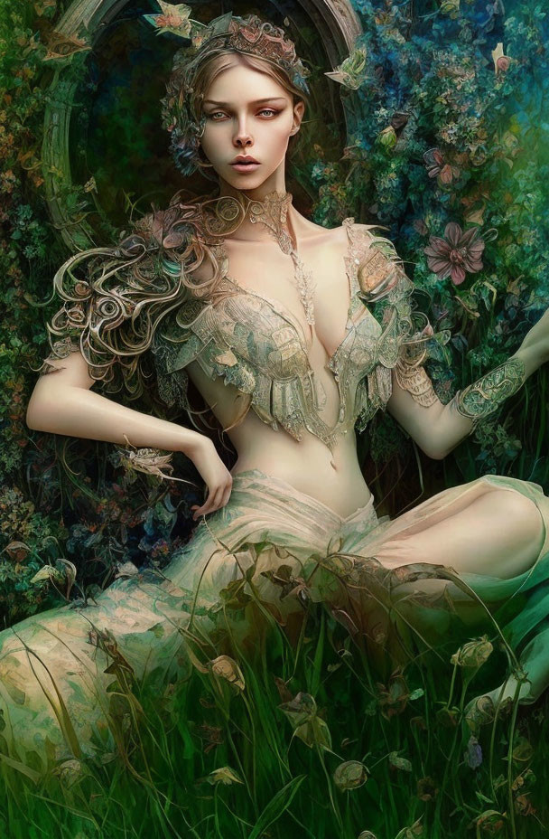 Fantasy Artwork: Woman in Leaf Garments & Crown Surrounded by Nature