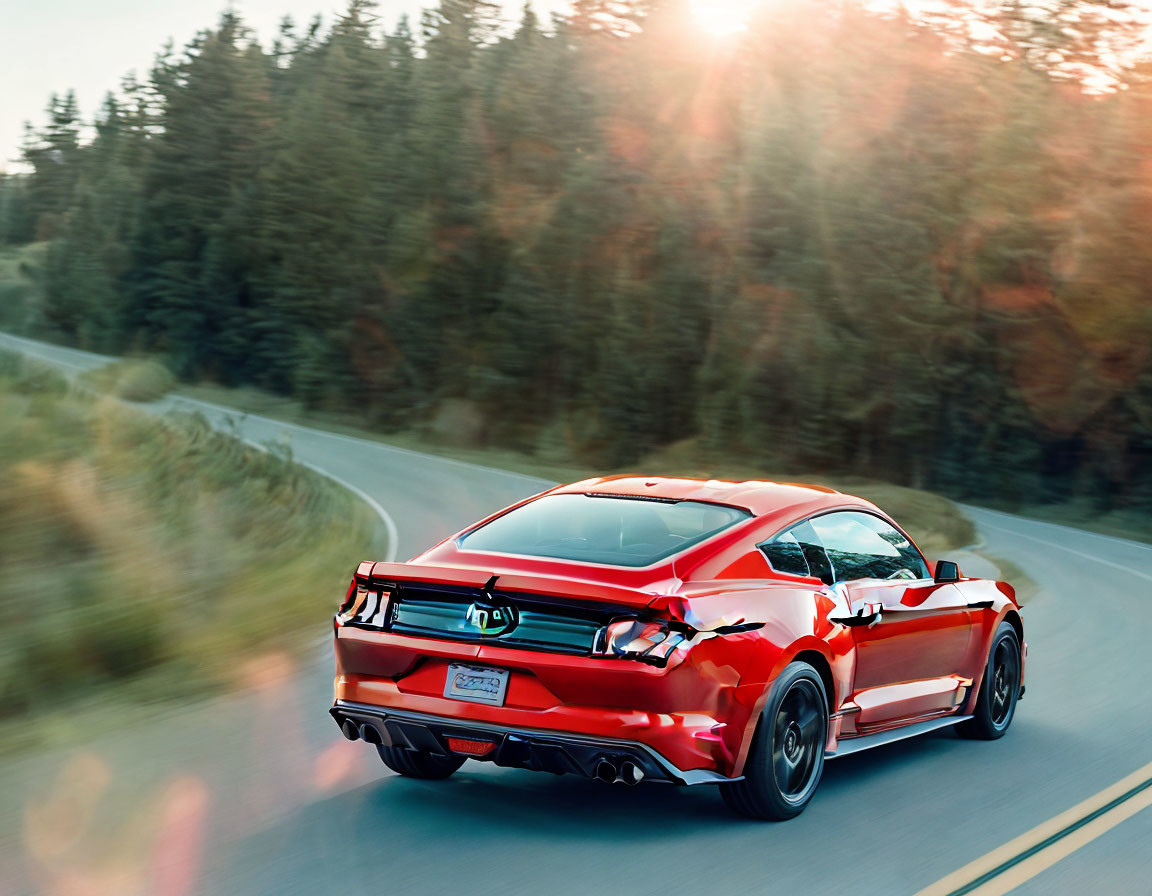 Red sports car on highway with trees at sunset