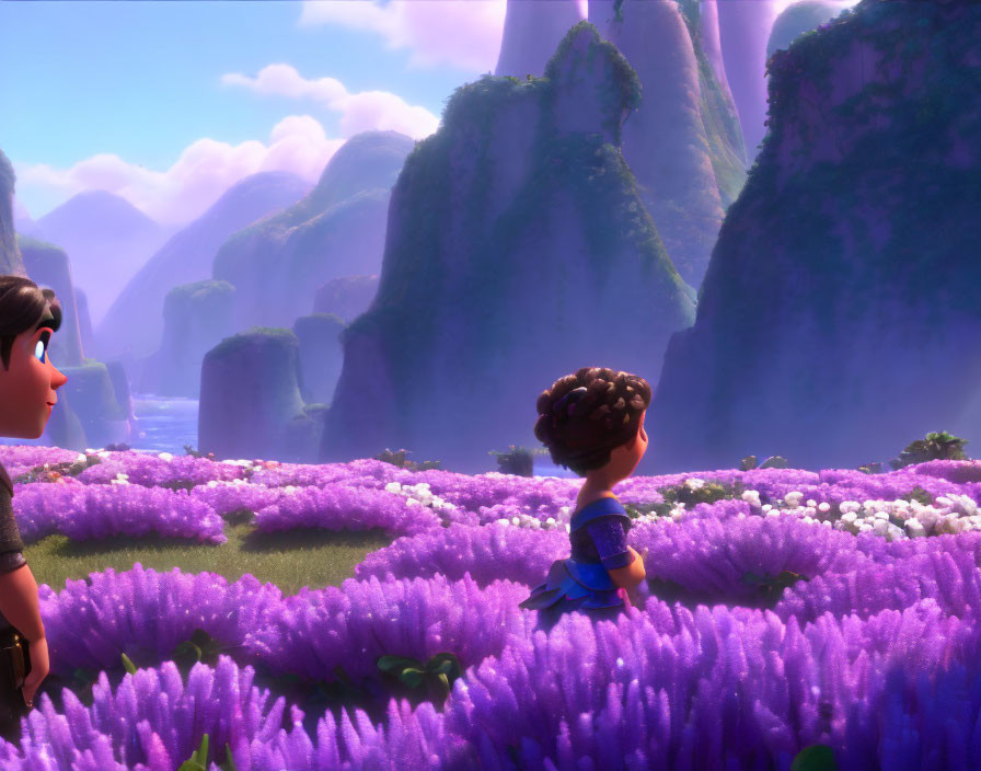 Vibrant purple flower field with animated characters and rock formations