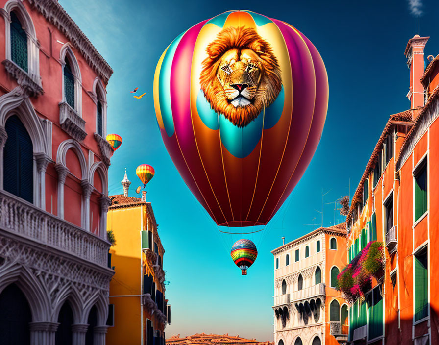 Colorful hot air balloons with lion face design over vibrant canal.