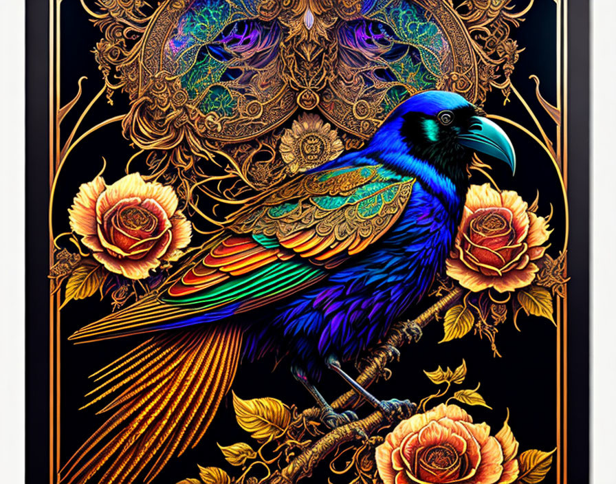 Colorful stylized raven surrounded by intricate floral and peacock feather patterns