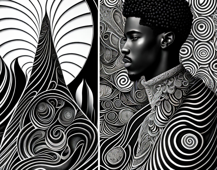 Detailed digital art: man's profile with textured hair on black and white psychedelic background