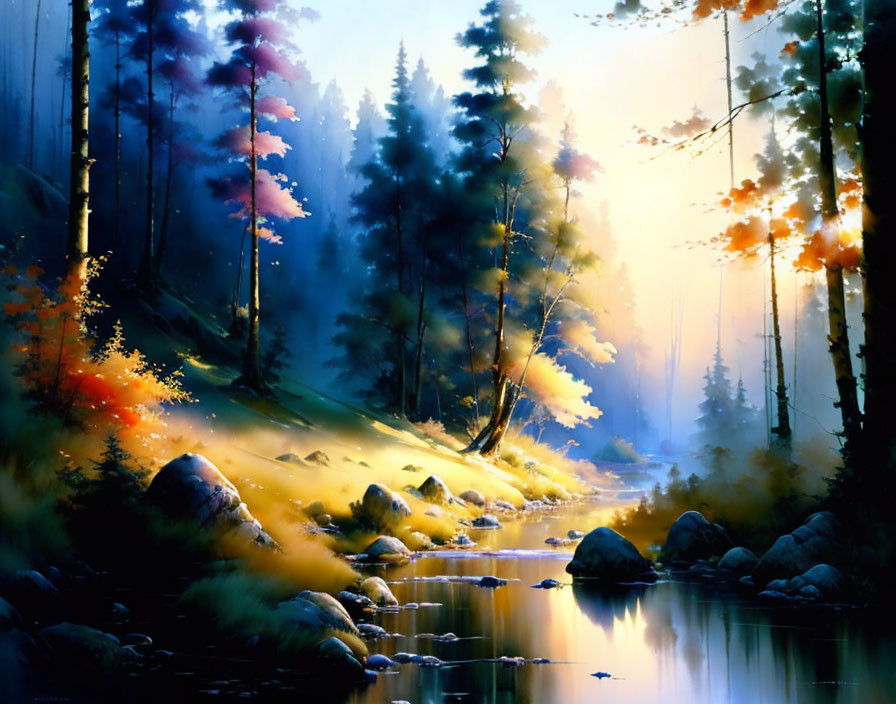 Tranquil forest landscape with tall trees, calm river, misty sunlight, and colorful foliage