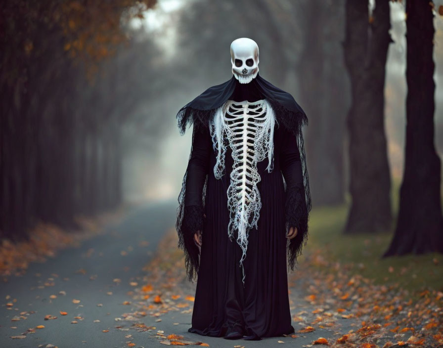 Skeleton costume person with skull mask on foggy autumn path