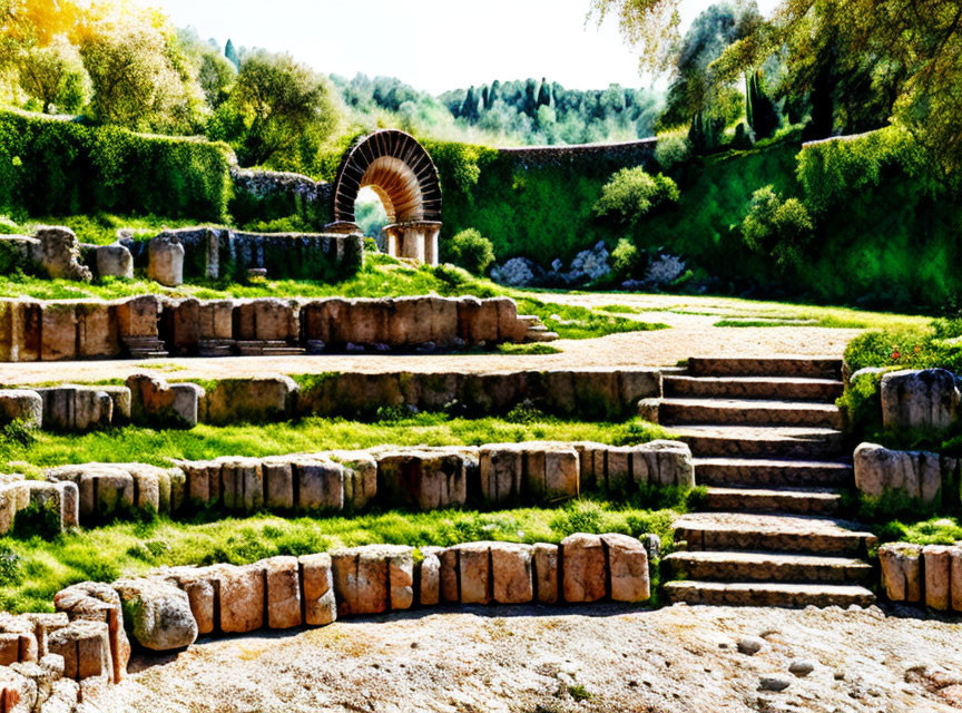 Ancient ruins with stone steps and circular archway in sunlit setting