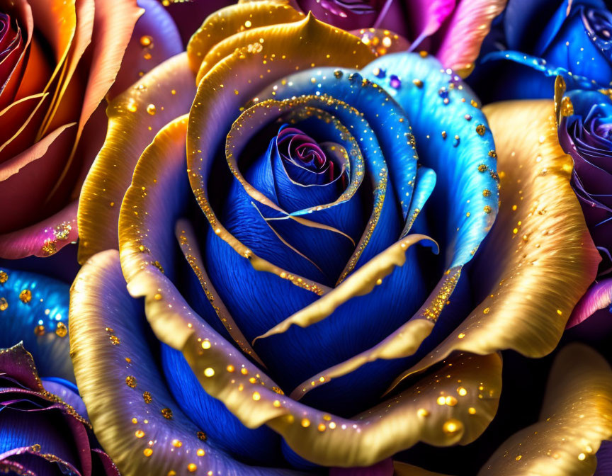 Close-up of Vibrant Blue Rose with Golden Glitter Amid Multicolored Roses