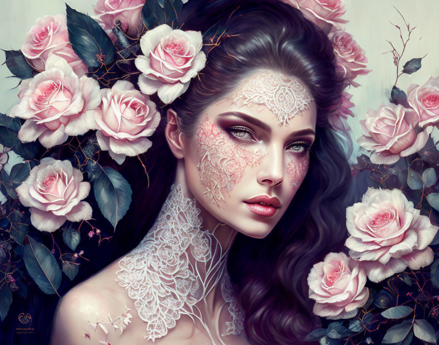 Illustrated woman with lace and floral skin patterns among pink roses