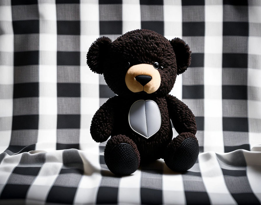 Black plush teddy bear with white heart on checkered background