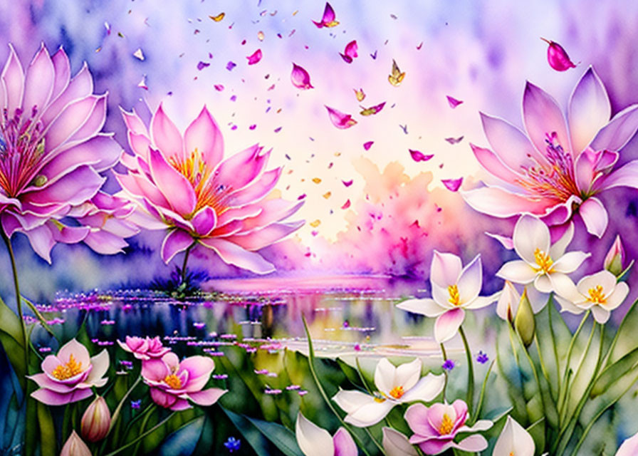 Colorful lotus flower artwork in pink and purple with floating petals and misty pond background.