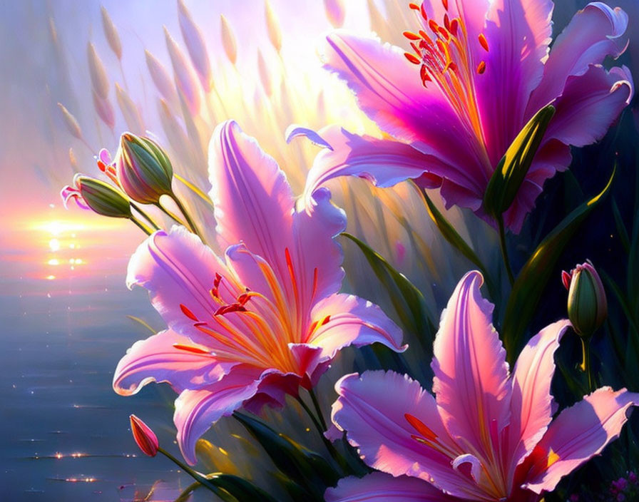 Bright pink lilies in full bloom with sunlight and water reflections.