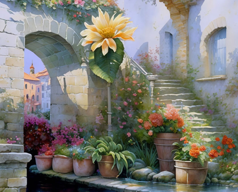 Vibrant painting of idyllic courtyard with stone arch and yellow flower