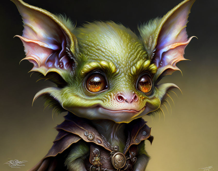 Whimsical creature with bat-gremlin features and leather outfit