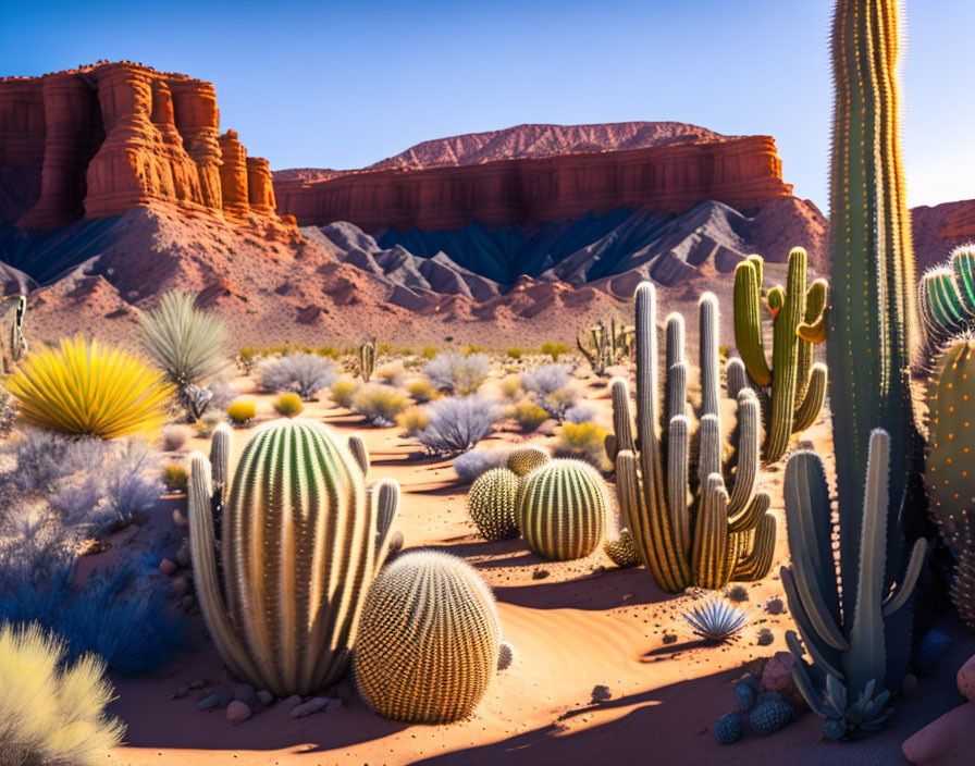 Desert landscape with cacti, sandy terrain & red rock formations