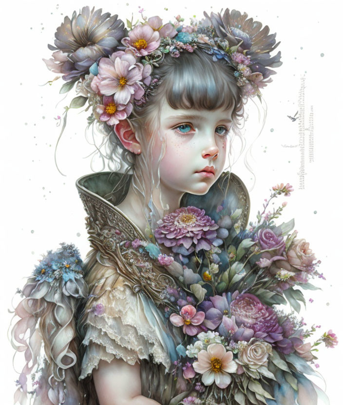 Illustrated girl with floral wreath, lace collar, elfin ears, surrounded by flowers